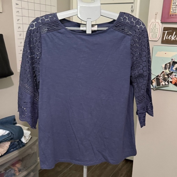 LOFT Navy Lace Sleeve Blouse - Picture 1 of 6